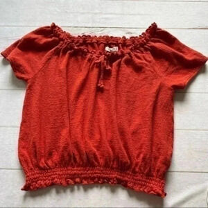 Madewell Rouched Off Shoulder Short Sleeve Tie Front Blouse Rusty Red Me…